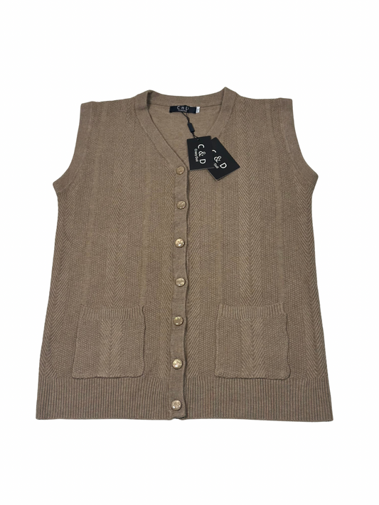 Cozy&Drape sleeveless wool cardigan sweater in beige with a button-front design and two front pockets.