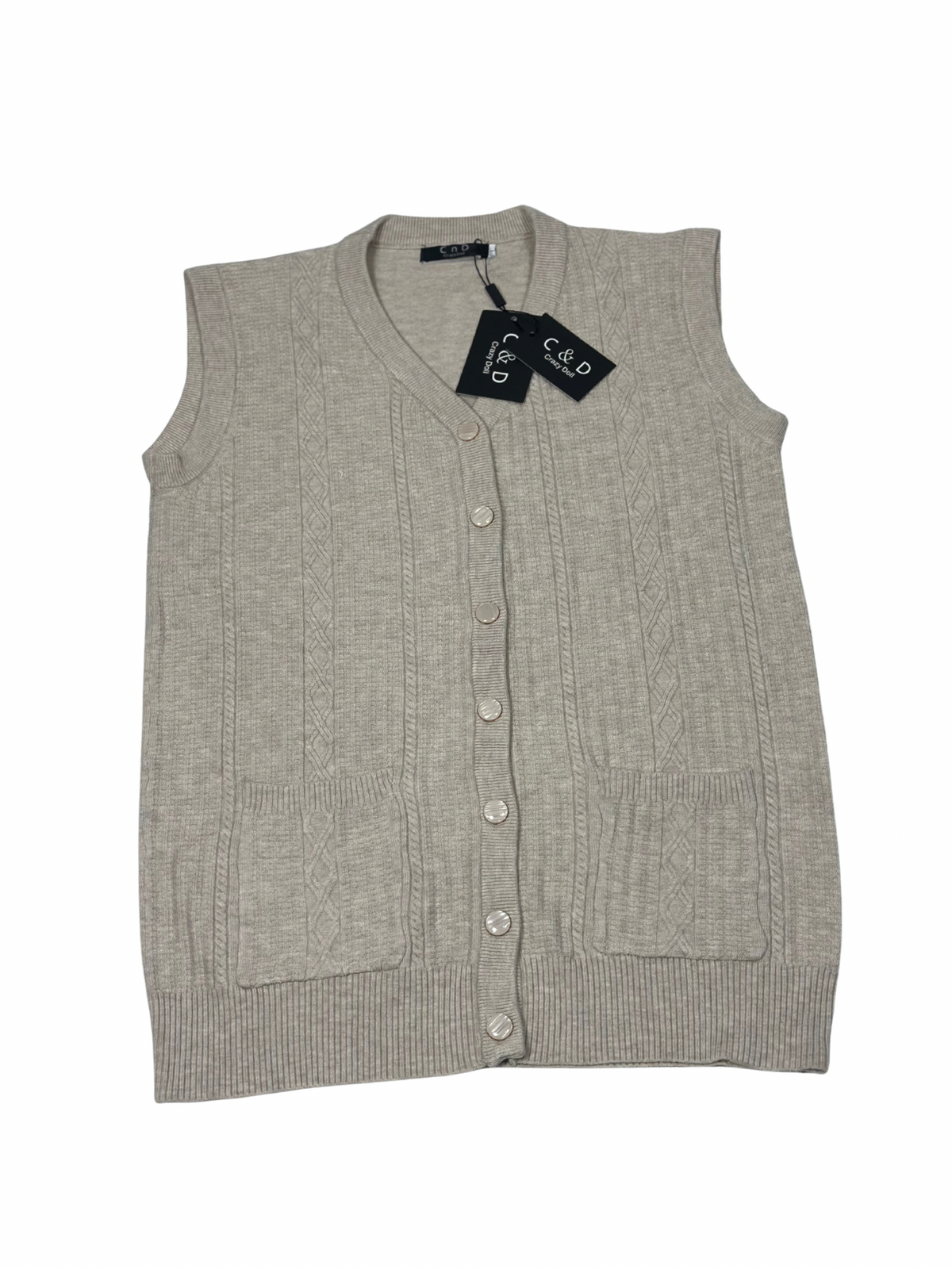 Cozy&Drape sleeveless wool cardigan sweater in beige with cable knit details, front buttons, and two pockets.