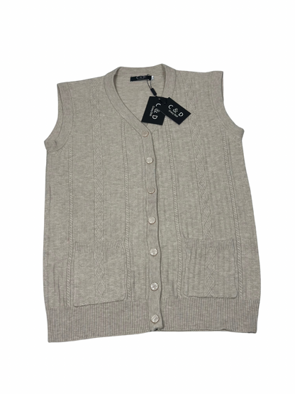 Cozy&Drape sleeveless wool cardigan sweater in beige with cable knit details, front buttons, and two pockets.