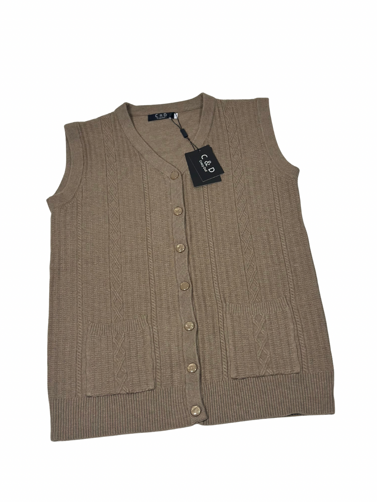 Cozy&Drape sleeveless wool cardigan sweater in beige with a cable knit pattern, button front, and two front pockets.