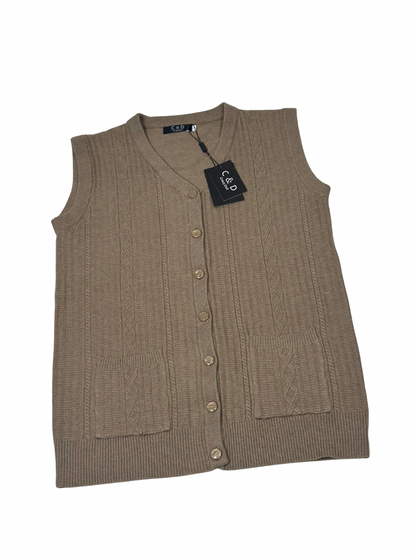 Cozy&Drape sleeveless wool cardigan sweater in beige with a cable knit pattern, button front, and two front pockets.