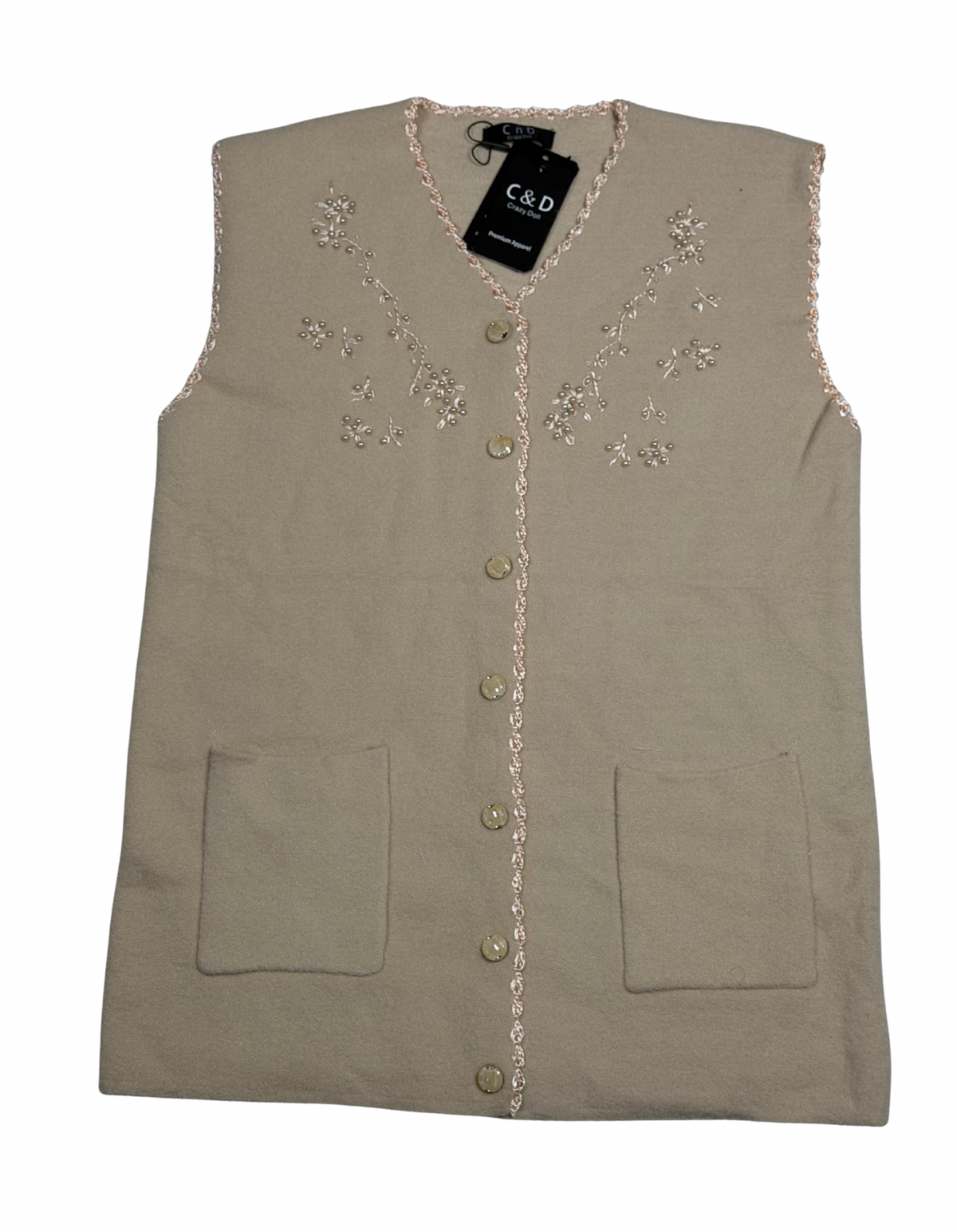 Cozy&Drape sleeveless wool cardigan in beige with floral embroidery, front buttons, and two patch pockets.