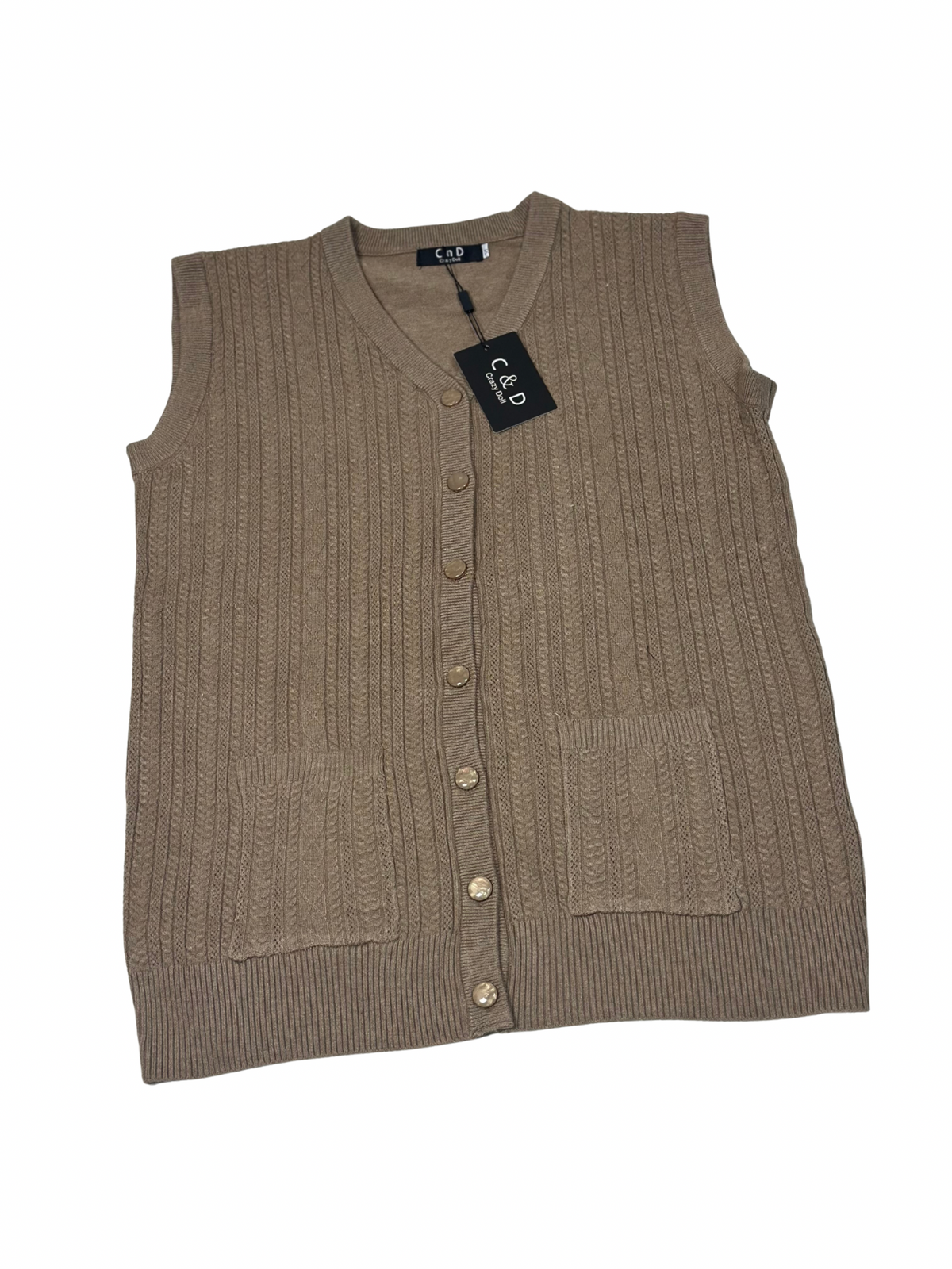 Cozy&Drape sleeveless wool cardigan sweater in beige with a button-up front, ribbed texture, and two front pockets.