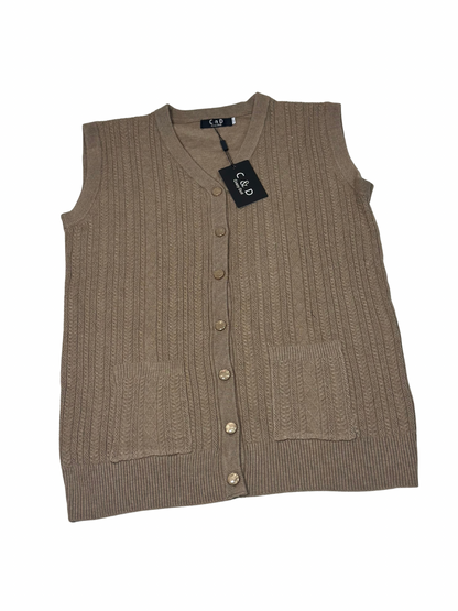 Cozy&Drape sleeveless wool cardigan sweater in beige with a button-up front, ribbed texture, and two front pockets.