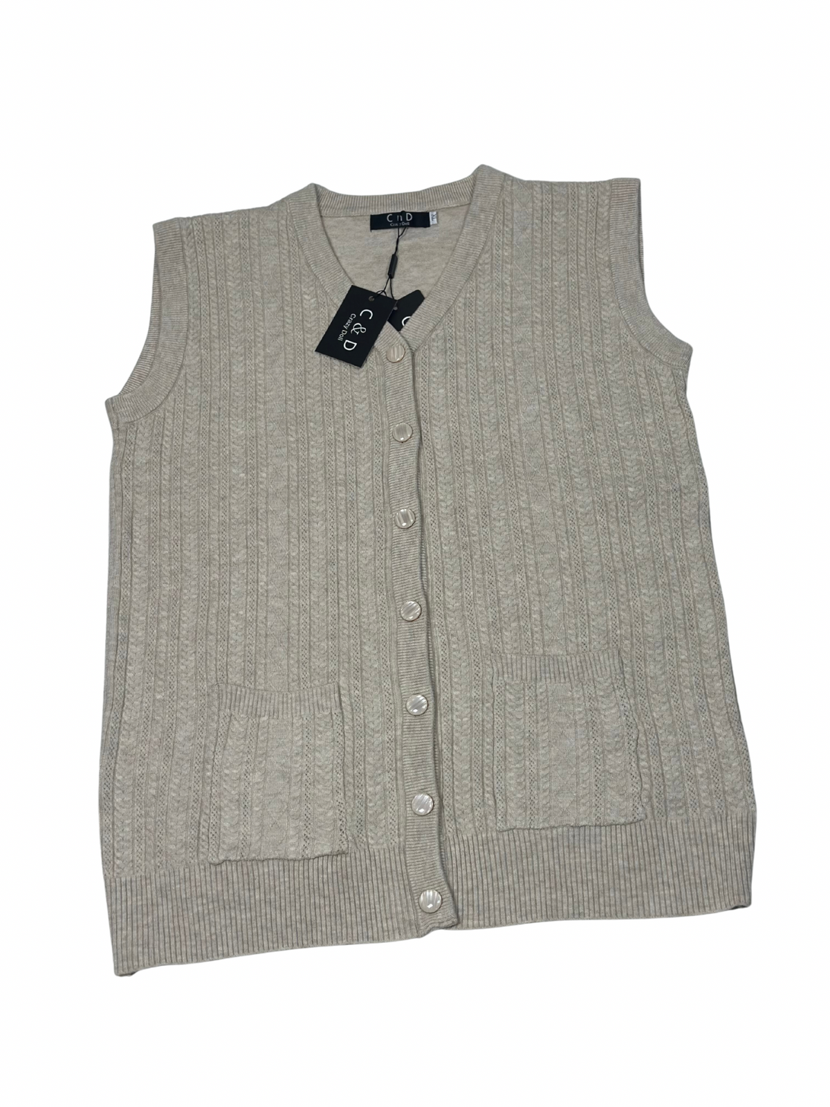 Cozy&Drape sleeveless wool cardigan sweater in beige with a button-up front and two front pockets.