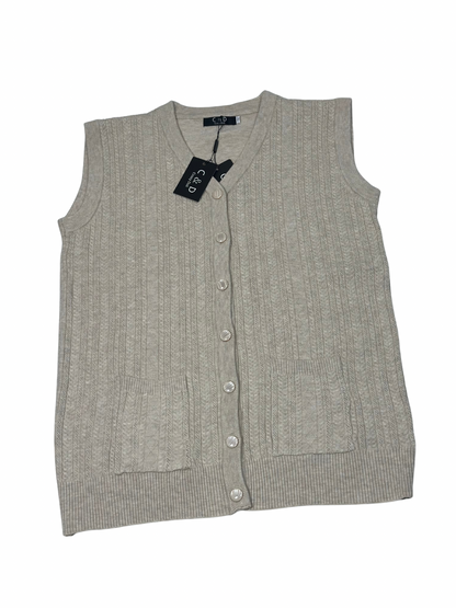 Cozy&Drape sleeveless wool cardigan sweater in beige with a button-up front and two front pockets.