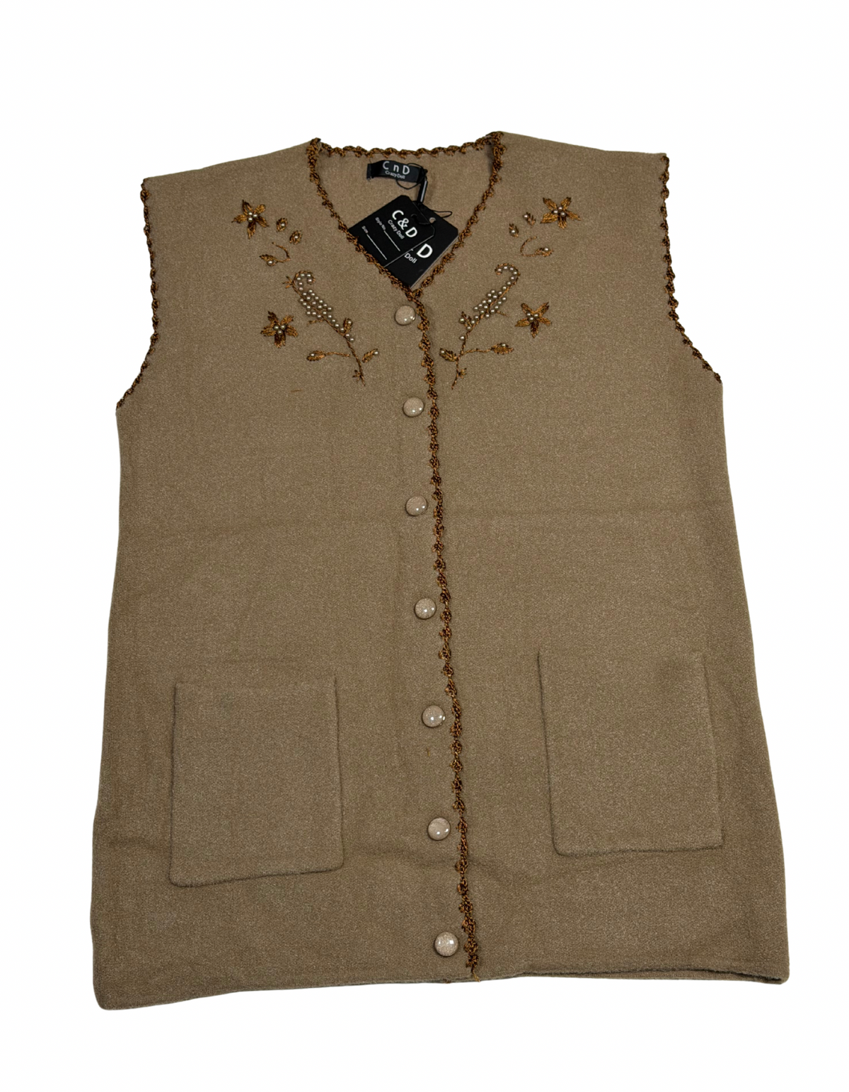 Cozy&Drape sleeveless wool cardigan in beige with floral bead embroidery, front buttons, and two patch pockets.