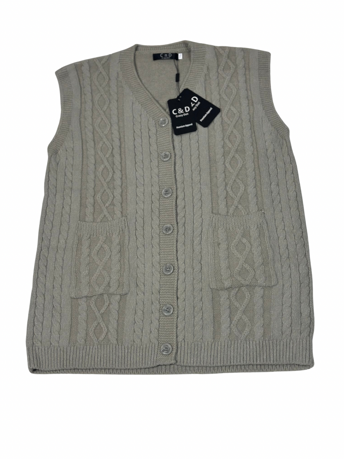 Cozy&Drape sleeveless wool cardigan sweater in beige with cable knit pattern, front buttons, and two pockets.