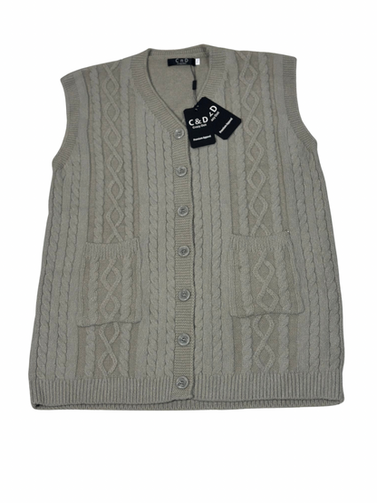 Cozy&Drape sleeveless wool cardigan sweater in beige with cable knit pattern, front buttons, and two pockets.