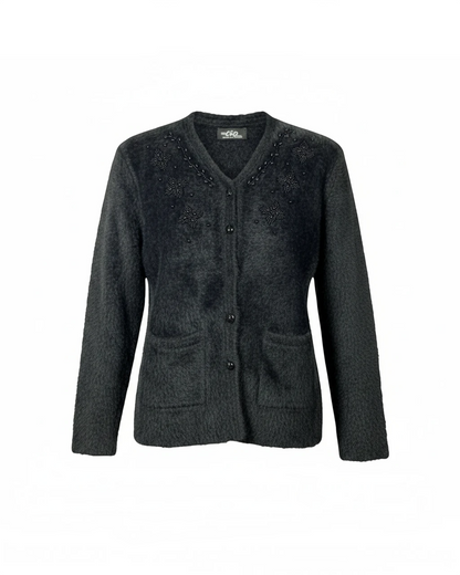 Cozy&Drape black fuzzy knit button-up cardigan with delicate floral beaded neckline and two front patch pockets