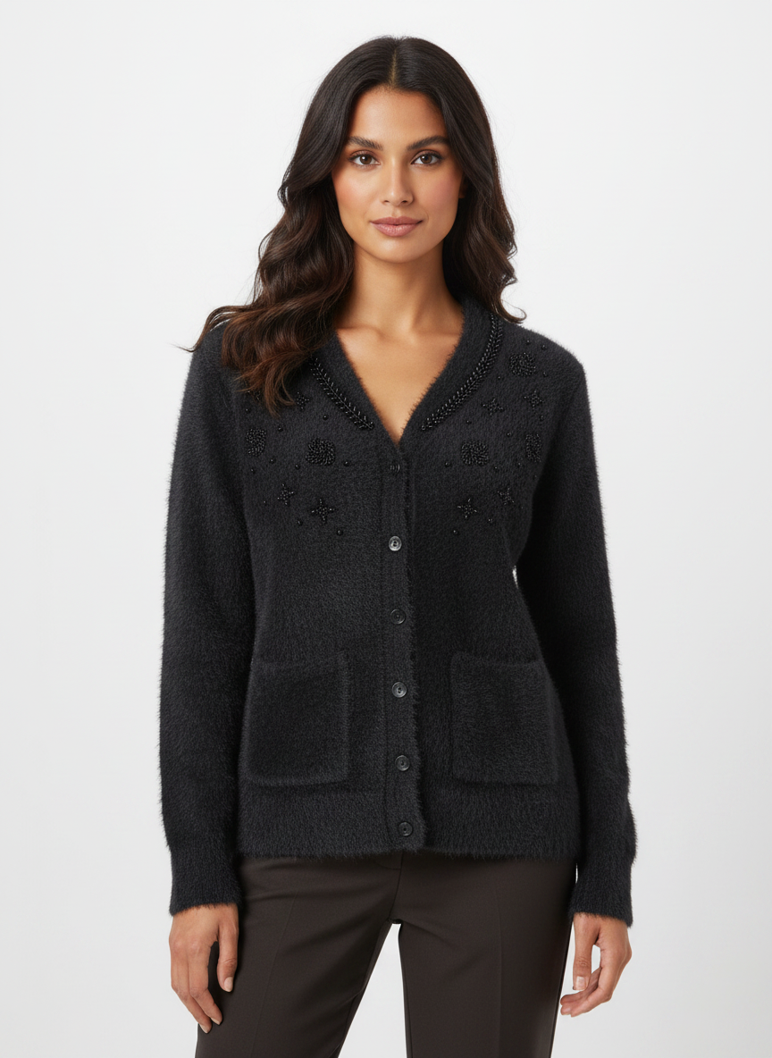 Cozy&Drape black fuzzy knit cardigan with beaded collar detail and front pockets worn by a woman