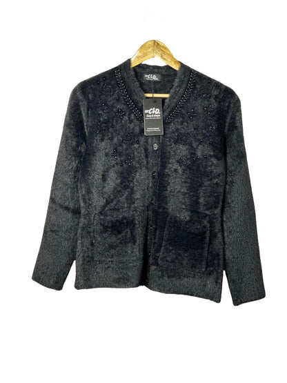 Cozy&Drape black fuzzy cardigan sweater with beaded floral embellishments, front pockets, and long sleeves.