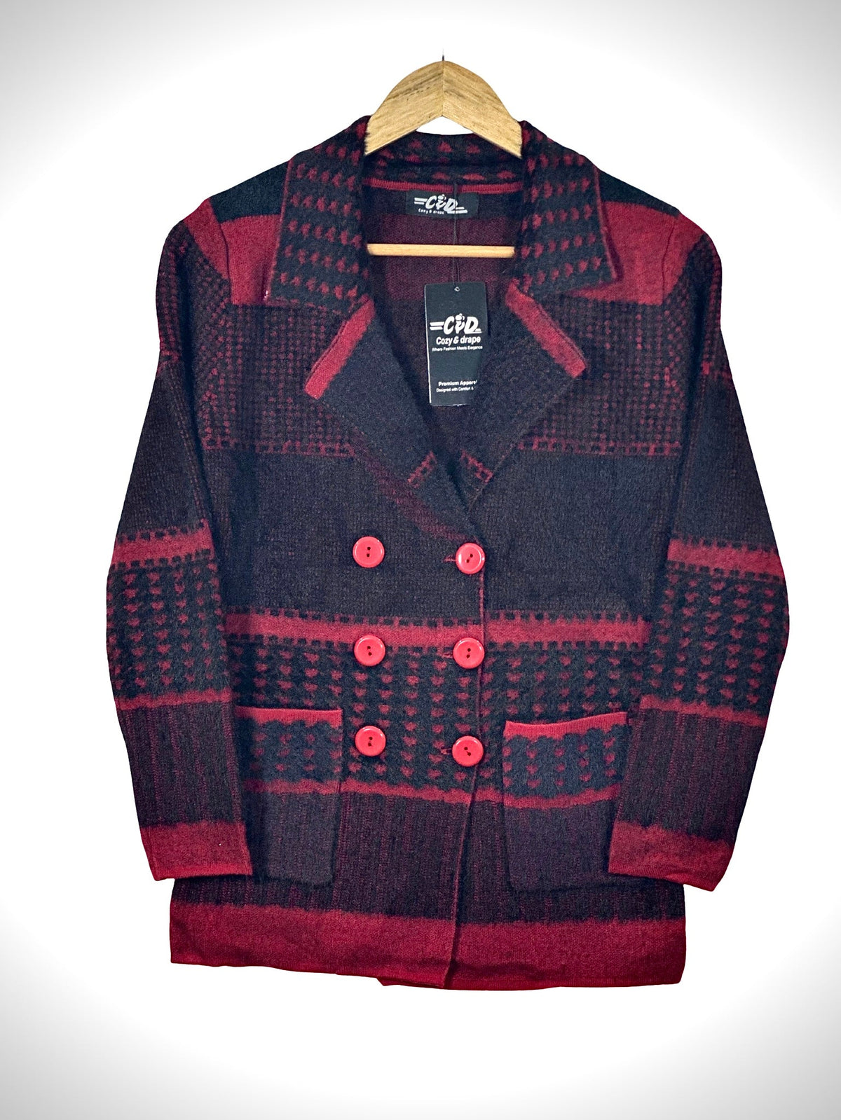 Cozy&Drape short cardigan sweater coat in black and red with a geometric pattern, double-breasted buttons, and pockets