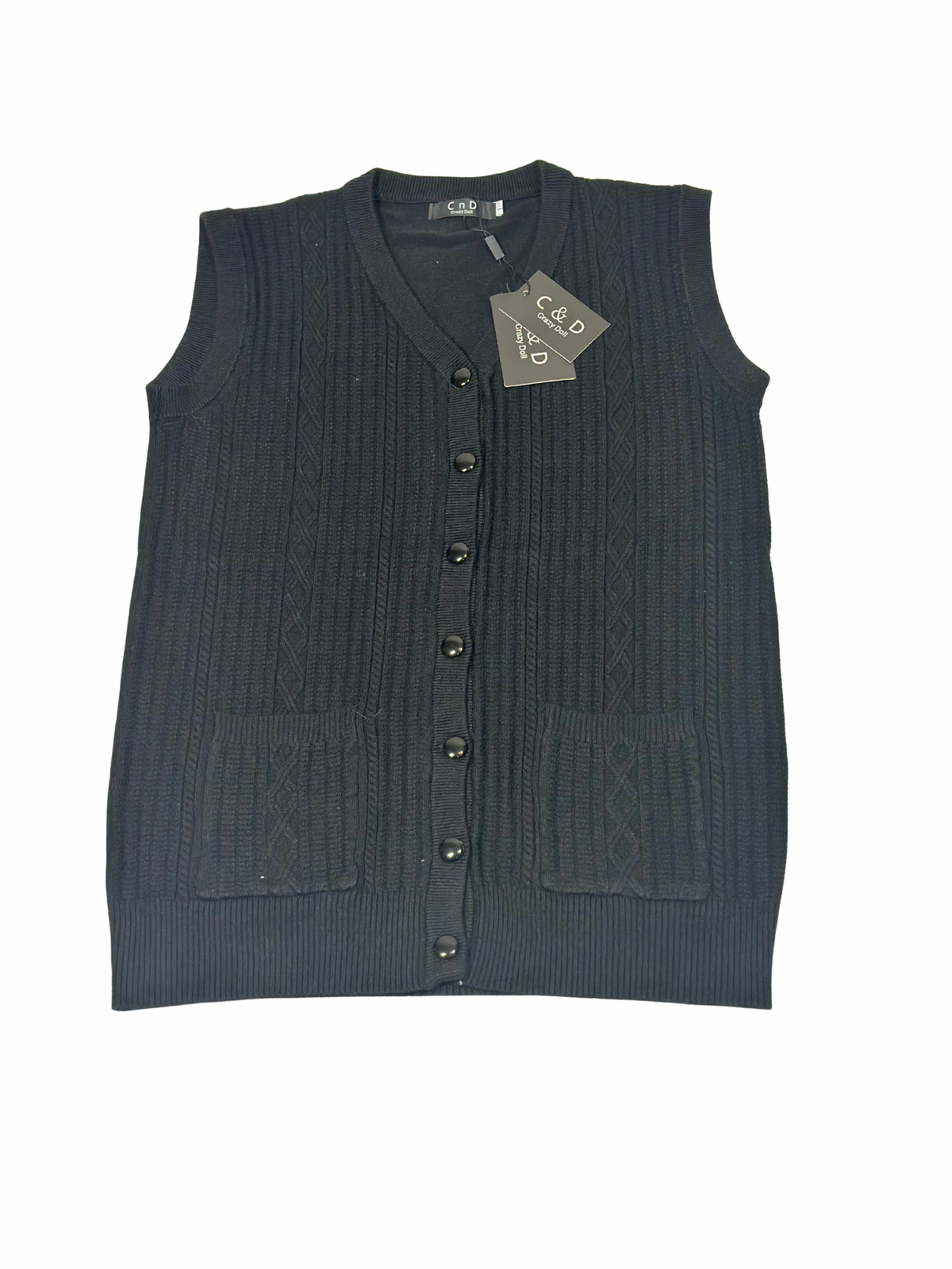Cozy&Drape black sleeveless wool cardigan sweater with cable knit texture, front buttons, and two patch pockets.