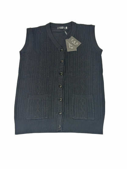 Cozy&Drape black sleeveless wool cardigan sweater with cable knit texture, front buttons, and two patch pockets.