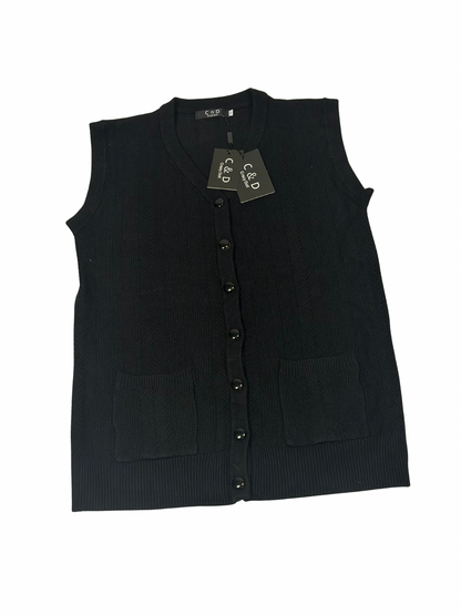 Cozy&Drape black sleeveless wool cardigan sweater with a button-up front and two patch pockets.