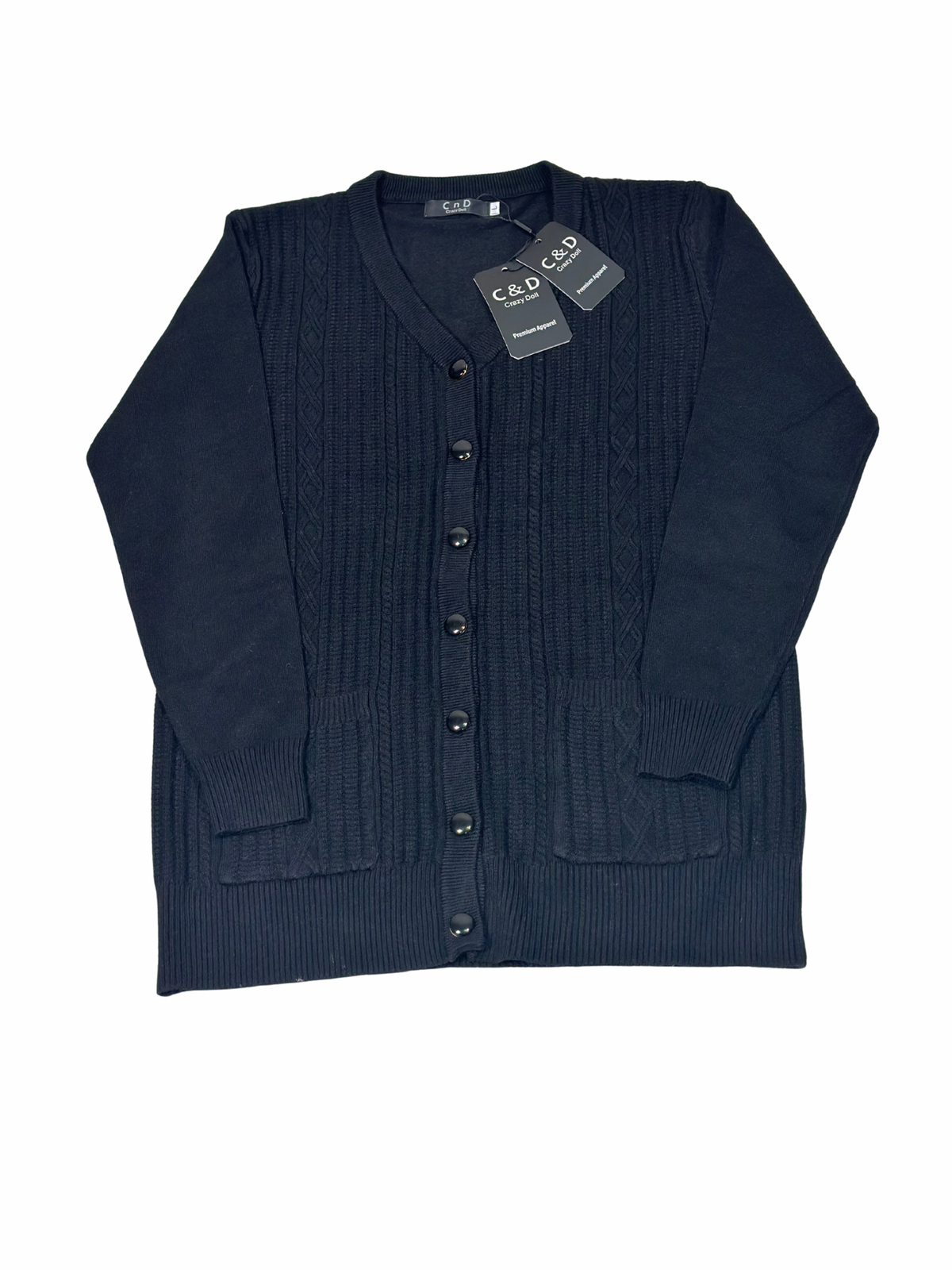 Cozy&Drape black wool cardigan sweater with a button-up front, cable knit detailing, and two convenient pockets.