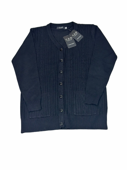 Cozy&Drape black wool cardigan sweater with a button-up front, cable knit detailing, and two convenient pockets.