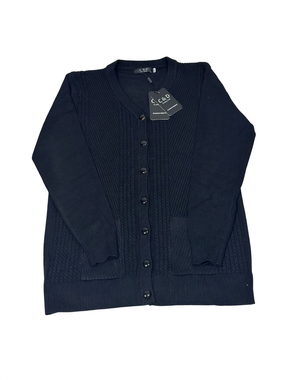 Cozy&Drape black wool cardigan sweater with long sleeves, button-front closure, and front pockets.