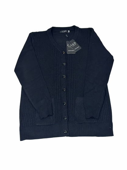 Cozy&Drape black wool cardigan sweater with long sleeves, button-front closure, and front pockets.