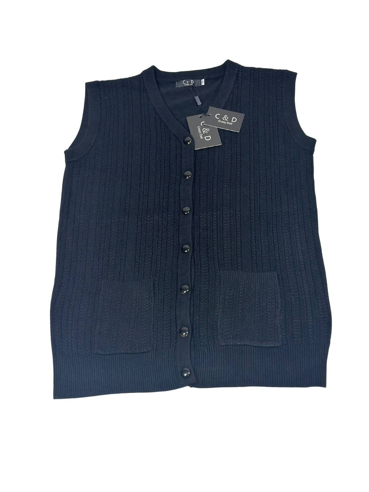 Cozy&Drape sleeveless black wool cardigan sweater with a button-front design and two front pockets.
