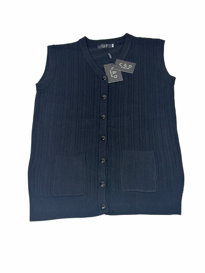 Cozy&Drape sleeveless black wool cardigan sweater with a button-front design and two front pockets.