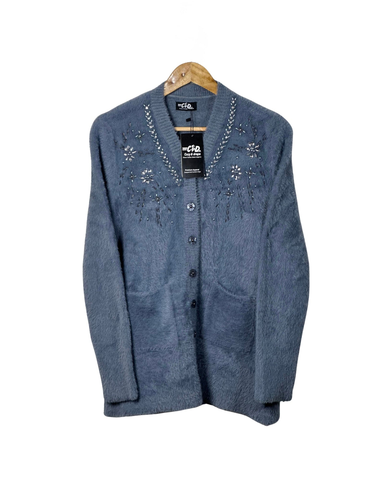 Cozy&Drape blue full-sleeve cardigan sweater with front pockets and delicate floral beadwork on the neckline.