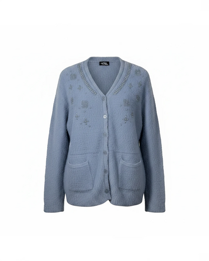 Cozy&Drape blue full-sleeve cardigan sweater with V-neck, button front, pockets, and delicate beaded embroidery