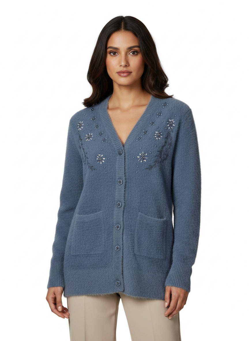 Cozy&Drape blue full-sleeved cardigan sweater with delicate floral beadwork, V-neck, and front pockets on a model.