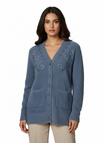 Cozy&Drape blue full-sleeved cardigan sweater with delicate floral beadwork, V-neck, and front pockets on a model.