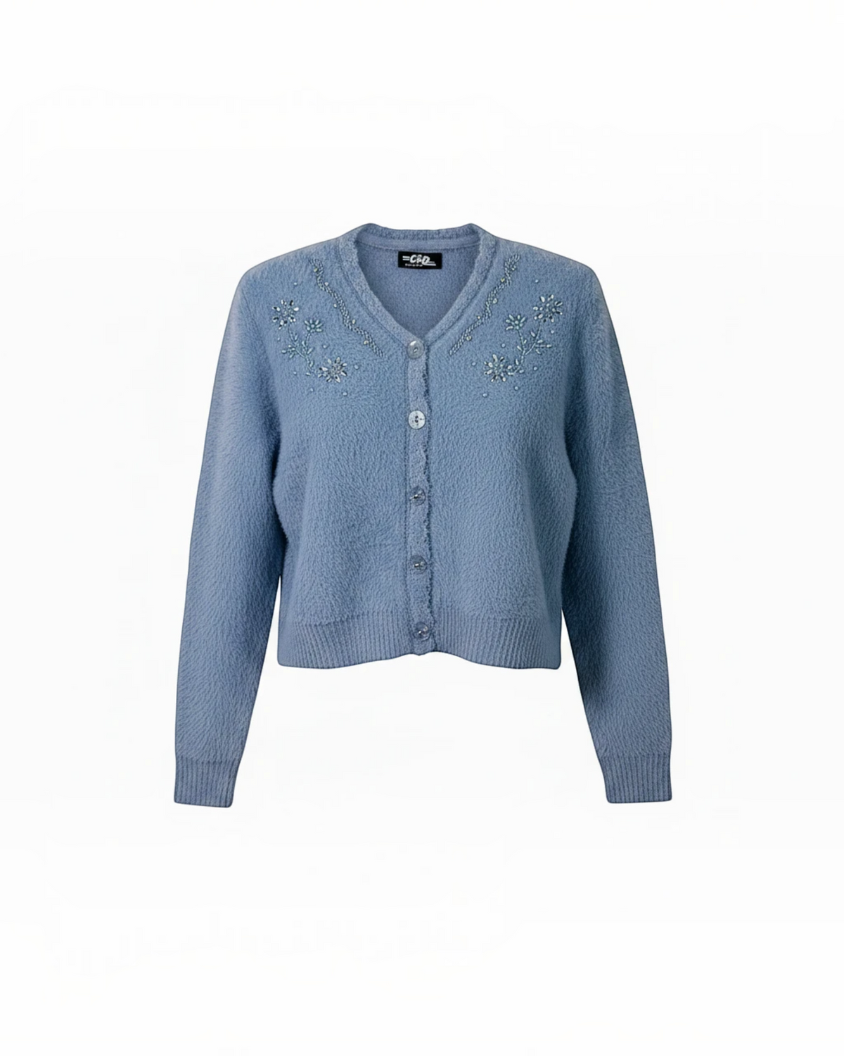 Cozy&Drape blue fuzzy knit cropped cardigan with V-neckline, floral beadwork embellishments, and front button closure.