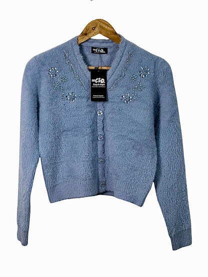 Cozy&Drape extra short blue fuzzy cardigan sweater with delicate floral beadwork and button-front closure