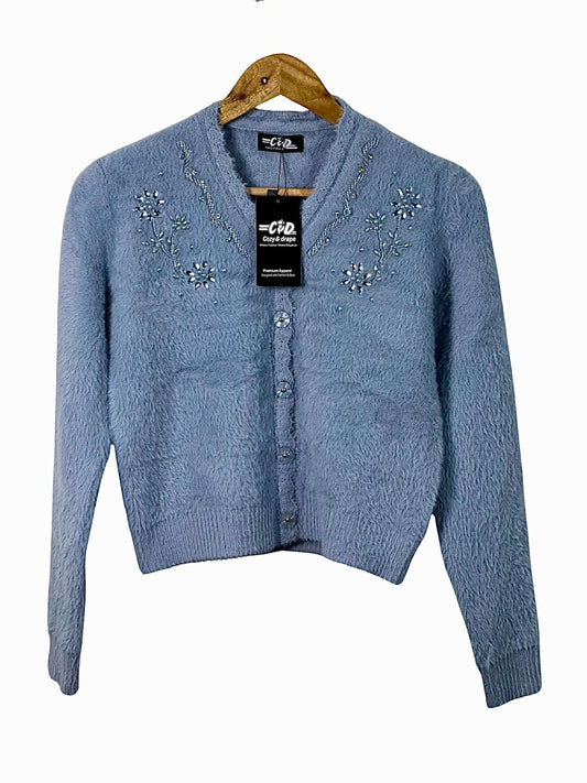 Cozy&Drape extra short blue fuzzy cardigan sweater with delicate floral beadwork and button-front closure