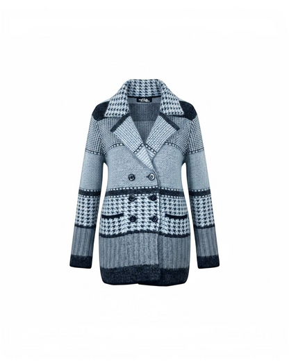 Cozy&Drape blue and grey double-breasted knit blazer with a houndstooth pattern, lapel collar, and front pockets.