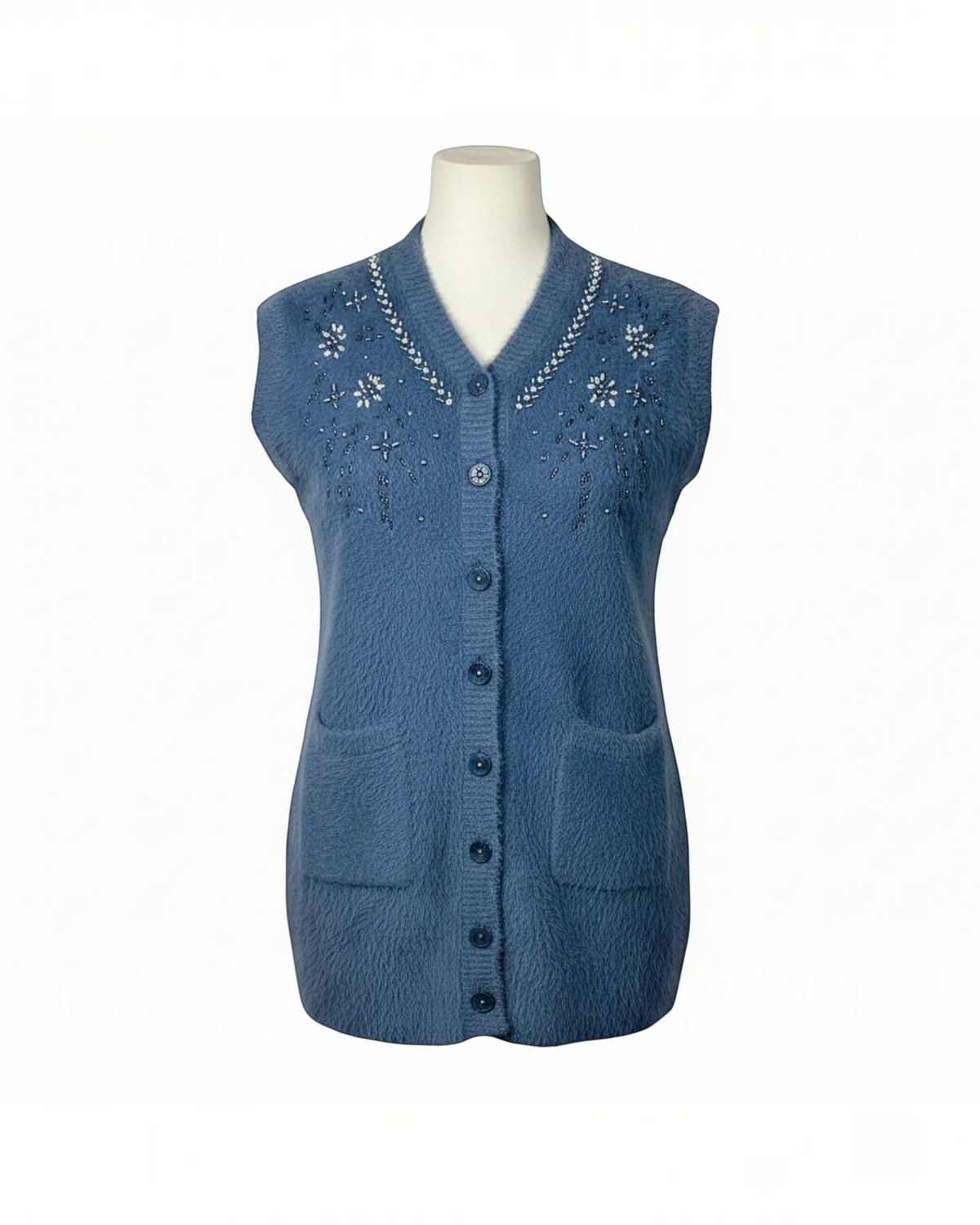 Cozy&Drape blue sleeveless knit cardigan vest with V-neck, delicate beadwork embroidery, and two front pockets.