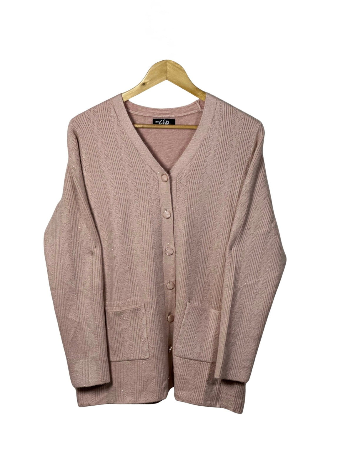 Cozy&Drape blush pink long-sleeve cardigan sweater with a V-neck, button front, and two functional pockets.