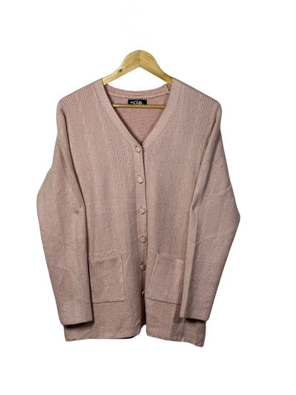 Cozy&Drape blush pink long-sleeve cardigan sweater with a V-neck, button front, and two functional pockets.