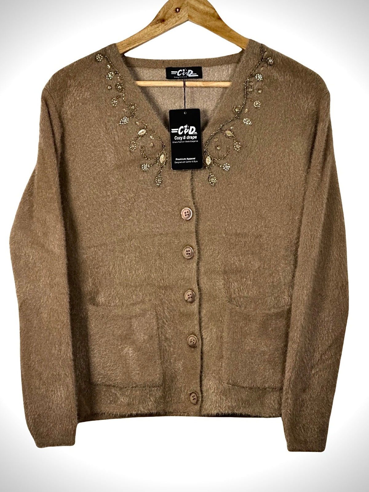 Cozy&Drape brown fuzzy cardigan sweater with beaded floral neckline detail, front buttons, and two patch pockets.