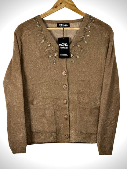 Cozy&Drape brown fuzzy cardigan sweater with beaded floral neckline detail, front buttons, and two patch pockets.