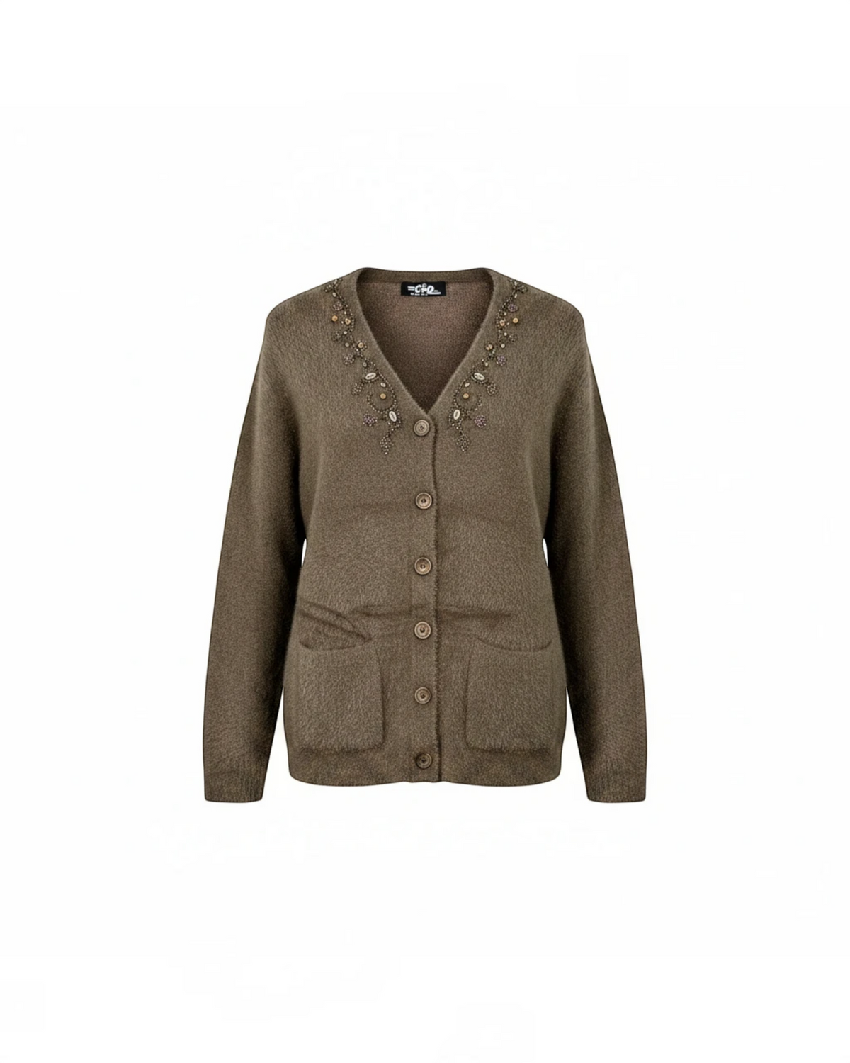 Cozy&Drape brown full sleeve cardigan sweater with beaded neckline detail and front pockets