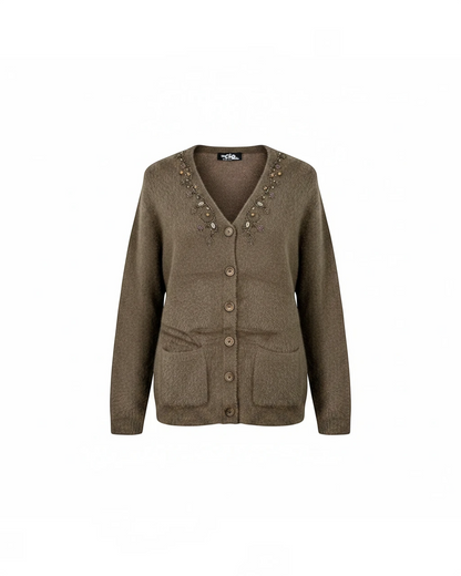 Cozy&Drape brown full sleeve cardigan sweater with beaded neckline detail and front pockets