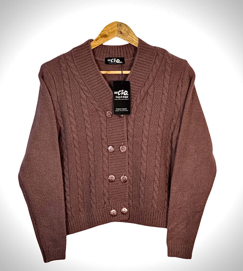 Cozy&Drape brown cable knit extra short cardigan sweater with a V-neck and double-breasted button closure