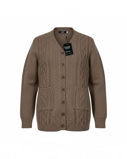 Cozy&Drape brown cable knit V-neck cardigan with front buttons and two patch pockets.