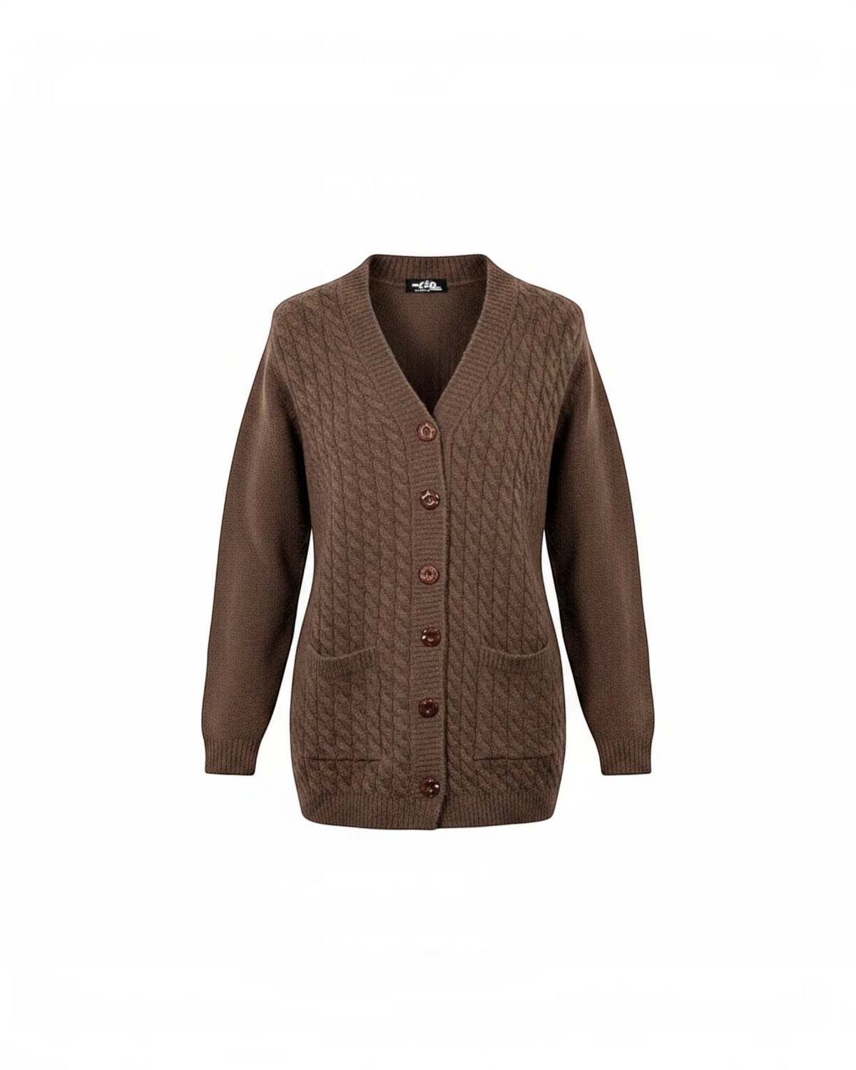 Cozy&Drape brown cable-knit V-neck cardigan with a button-down front and two functional pockets.