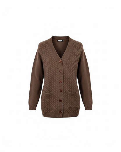 Cozy&Drape brown cable-knit V-neck cardigan with a button-down front and two functional pockets.