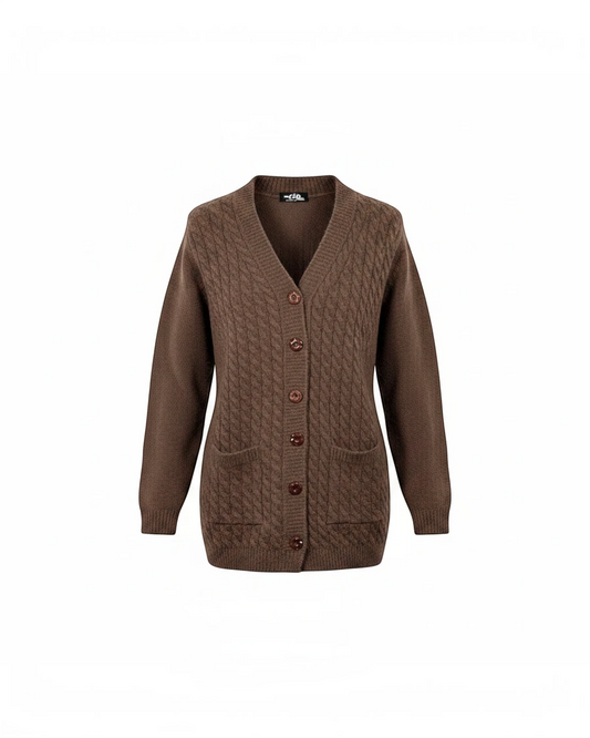 Cozy&Drape brown cable-knit V-neck cardigan with a button-down front and two functional pockets.