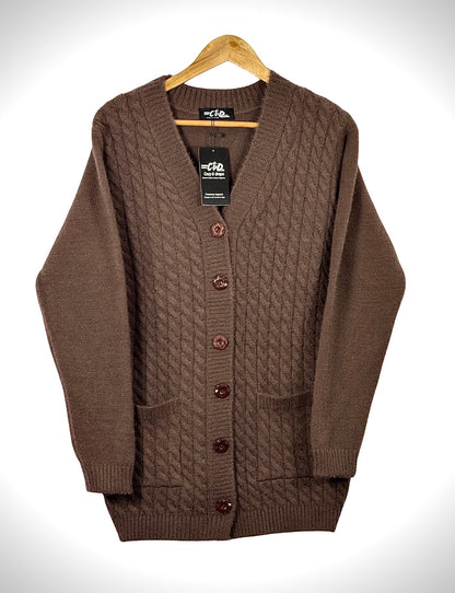 Cozy&Drape brown full sleeve cardigan sweater with a cable knit pattern, front buttons, and two pockets on a hanger.