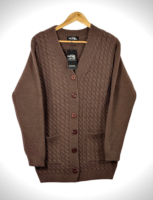 Cozy&Drape brown full sleeve cardigan sweater with a cable knit pattern, front buttons, and two pockets on a hanger.