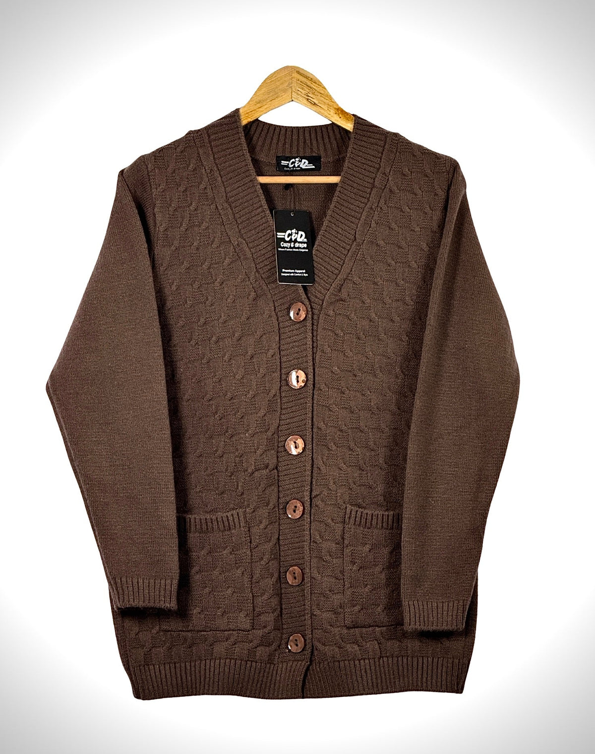 Cozy&Drape brown full sleeve cardigan sweater with a V-neck, button-up front, and two convenient pockets.