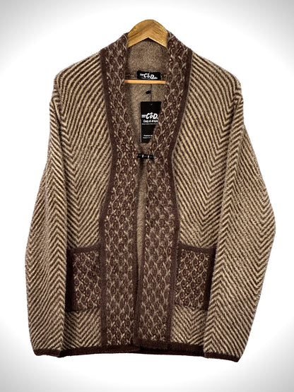 Cozy&Drape open front sweater in brown and beige chevron knit with front pockets and toggle closure